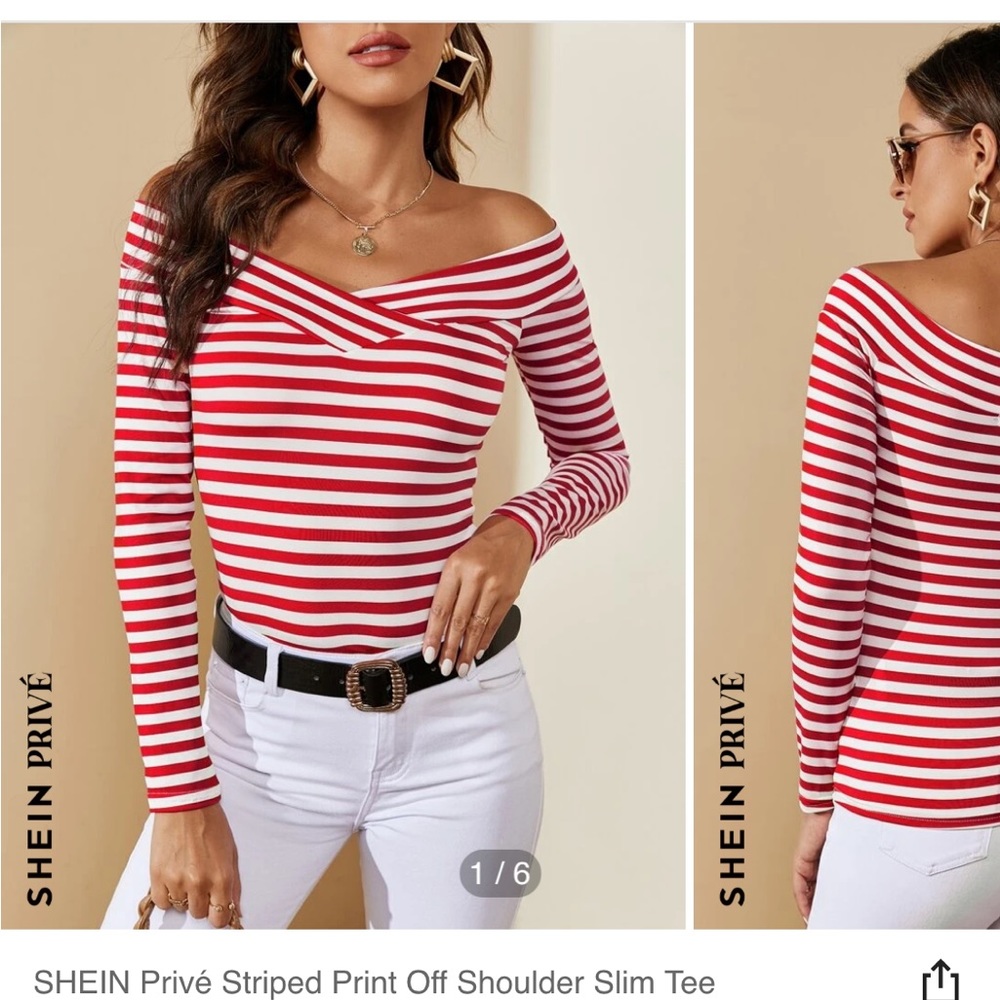 ISO SHEIN Red White Stripe Long Sleeve Off Shoulder Top